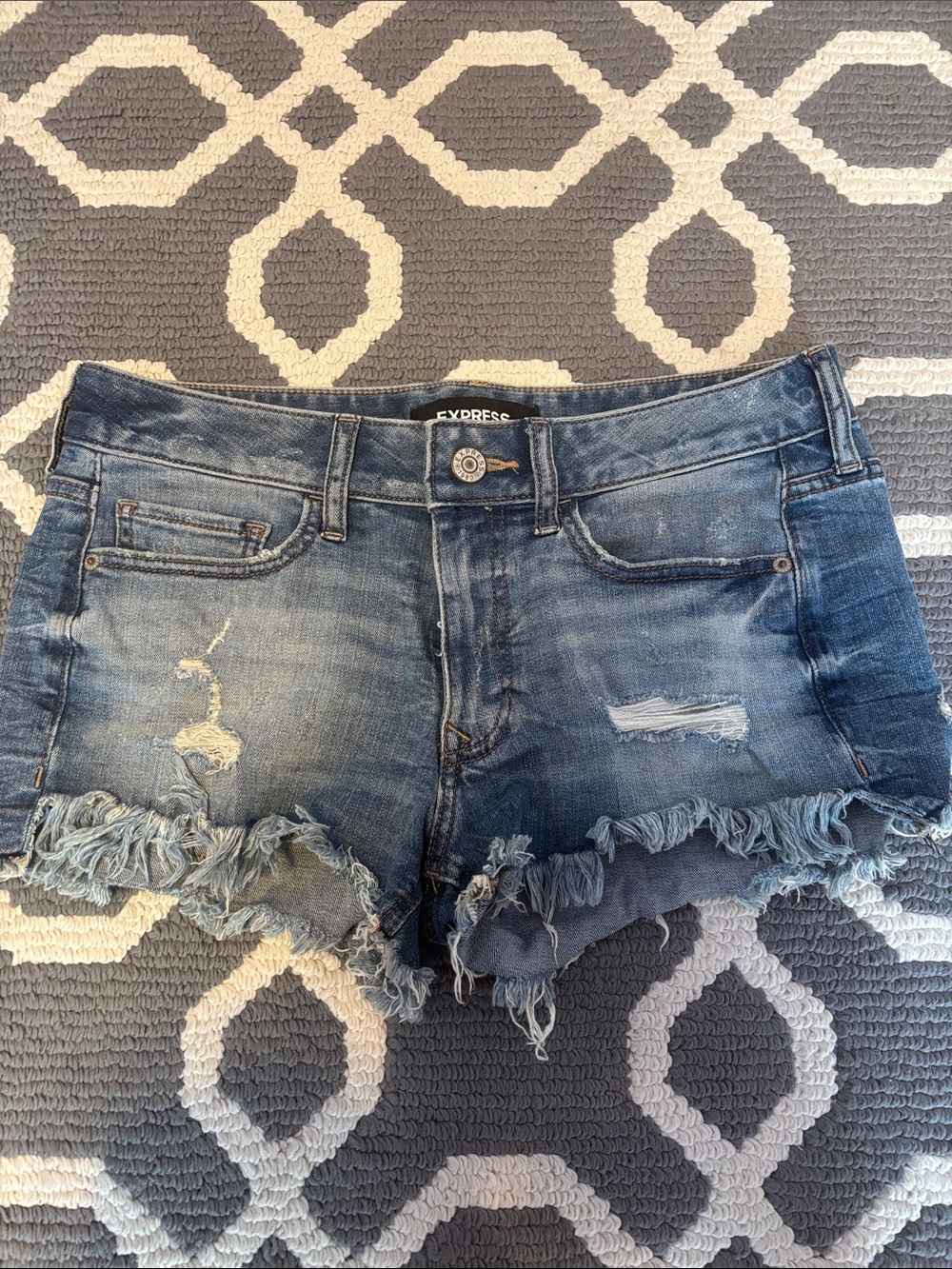 Express Blue Distressed Frayed Hem Denim Shorts